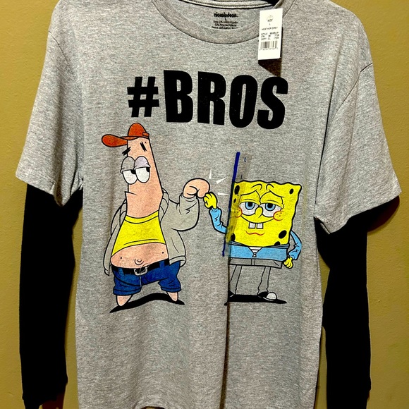 SpongeBob SquarePants Junior’s #Bros Fist Bump Long Sleeve Graphic T-Shirt Small - Picture 1 of 2